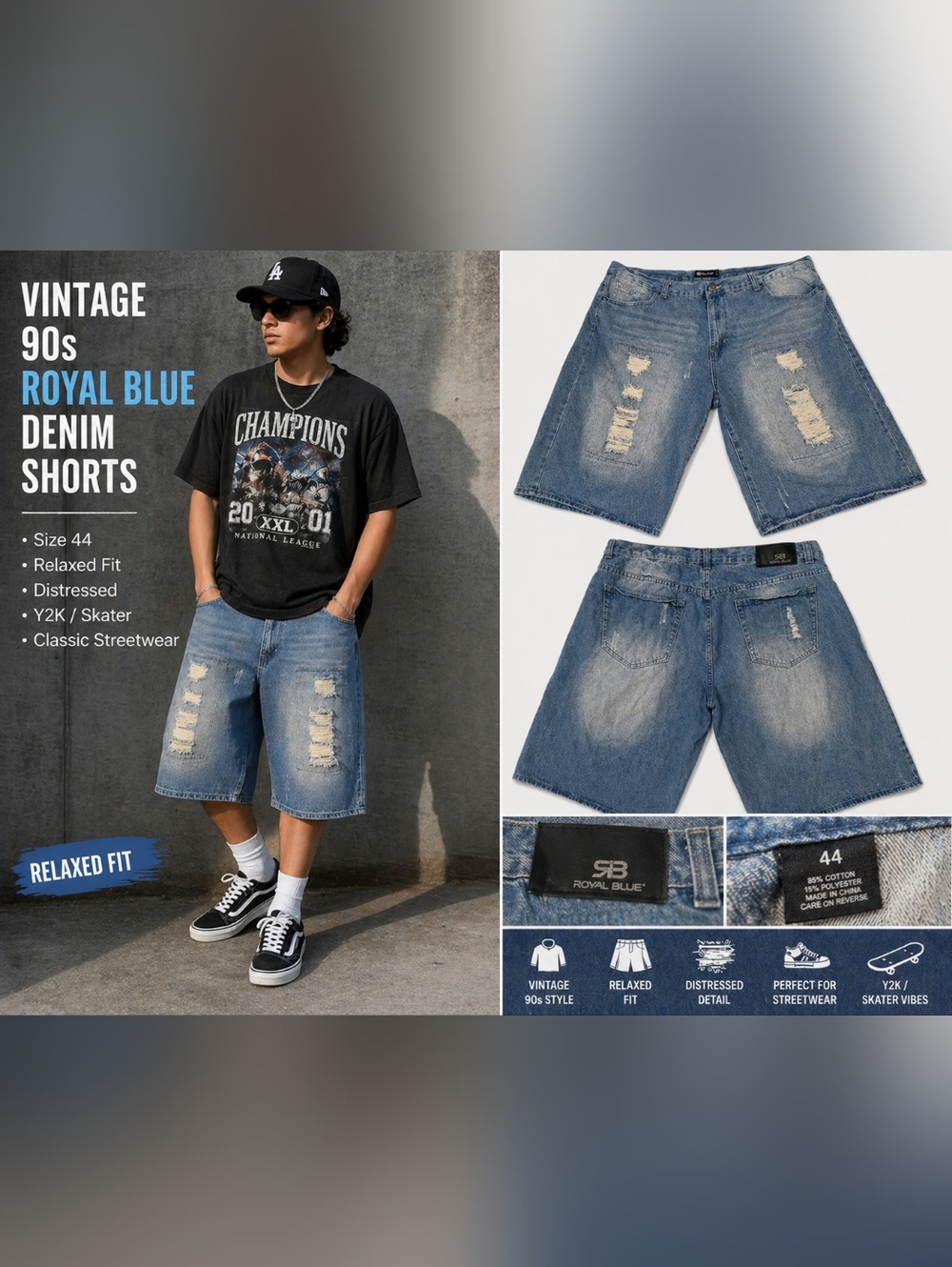 Vintage 90s Royal Blue Denim Shorts Distressed Relaxed Fit Size 44 Y2K Skater